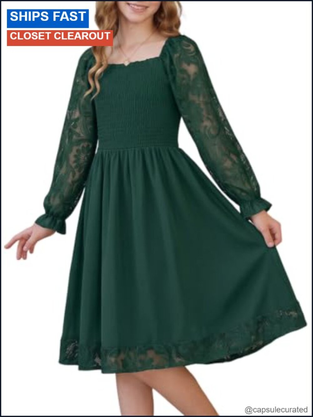 Girls Lace Long Sleeve Dress Smocked Bodice Formal Casual